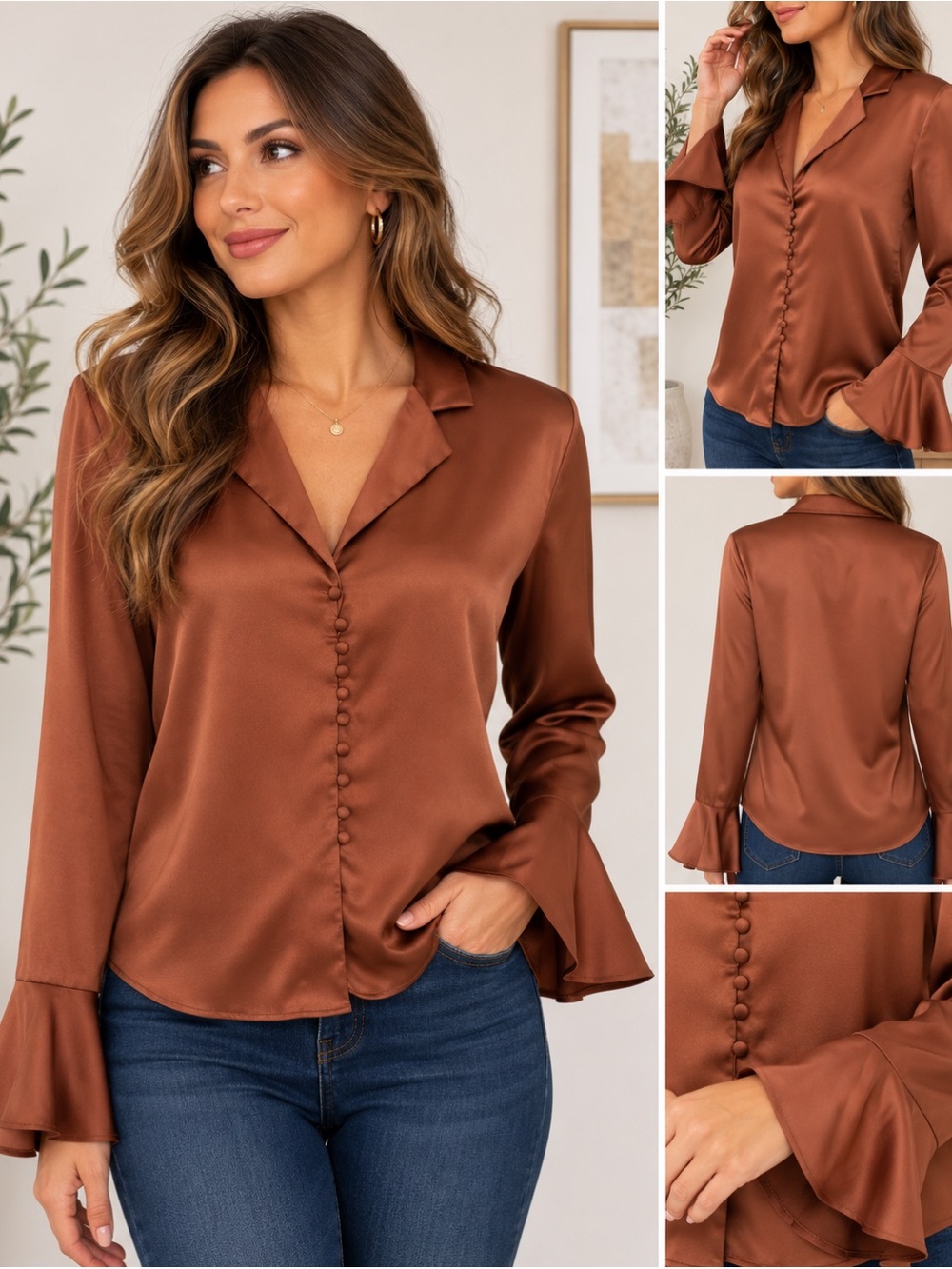 Express NWT Satin Blouse Brown Copper Bell Sleeve Button Front XS